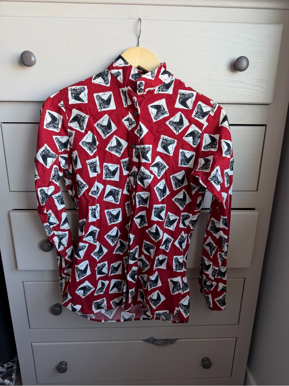 Vintage Red Button-Up Shirt with Black & White horse Print